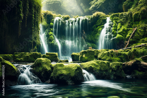 Beautiful waterfall in the deep forest with green mossy rocks.