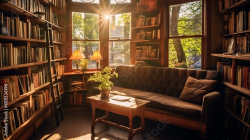 A quaint, rustic bookstore with shelves filled with weathered books, sunlight streaming in through vintage windows, creating a cozy reading nook.