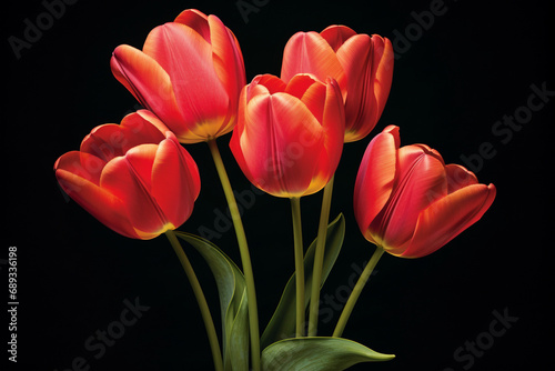 red tulips, red and yellow tulips, Celebraiting international women's day, mother's day and birthday. Closeup red tulip on blurred bouquet background in wrapper. Concept of gift, spring, freshness, te