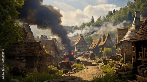 A quaint, rustic village nestled in a valley, smoke lazily rising from charming chimneys.