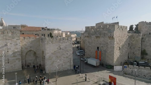 Aerial Footage of the Tower of David Citadel in the Old City of Jerusalem near the Jaffa Gate and the Old City Walls. photo