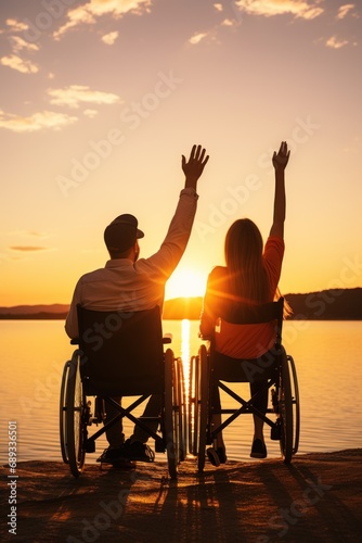 Disabled handicapped young man in wheelchair raised hands with his care helper in sunset