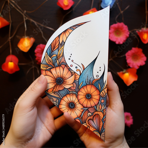 An abstract drawing. A closeup woman's hand holding a crescent-shaped kite. It is a simple tailless kite that was shaped as the moon kite. Floral abstract in the background photo