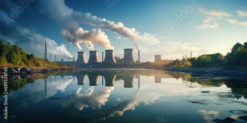 green hydrogen energy fuel generation background composition with panoramic view of power station