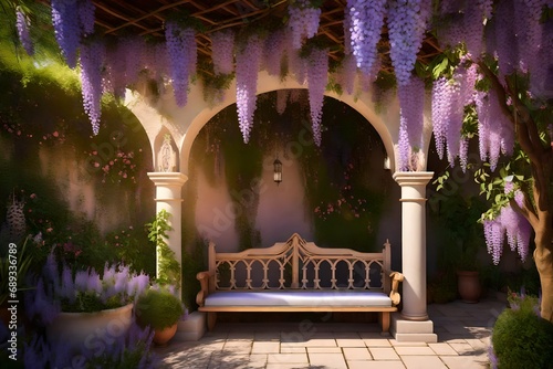 a hidden oasis with ancient amphorae standing amidst a graceful arch covered in wisteria, a bench under a cascading floral canopy