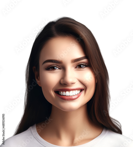 A gracefully long-haired young woman is smiling at the camera, revealing her white and bright teeth. front view, isolated on transparent background. 