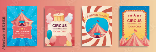 Circus show cover brochure set in flat design. Poster templates with striped tent for acrobat, clown or magician art performances, balloons, cotton candy, carnival tickets. Vector illustration.