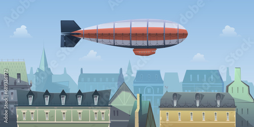 Airship flight over the city. Vintage air vehicle airship, dirigible. Panoramic view of the city, European-style buildings. Architecture 19th or early 20th century. Vector cartoon illustration.