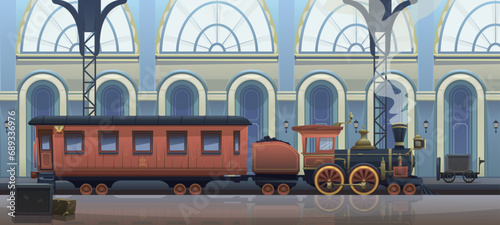 Passenger train at the railway station. Vintage steam locomotive with passenger carriage, platform, luggage trolley, boxes. Interior of the station building, 19th century architecture. Vector cartoon