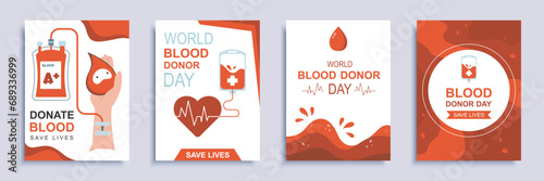 Donate blood and save lives cover brochure set in flat design. Poster templates with drops, dropper and hand, heart with heartbeats, other symbols of donation and blood donor day. Vector illustration. photo