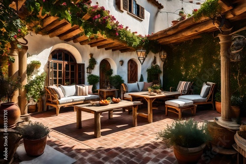  an artistic interpretation of a vintage villa patio with rustic wooden furniture, aged accents, and climbing vines © usama
