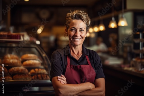 senior female bakery owner smiling at the camera in front of a camera