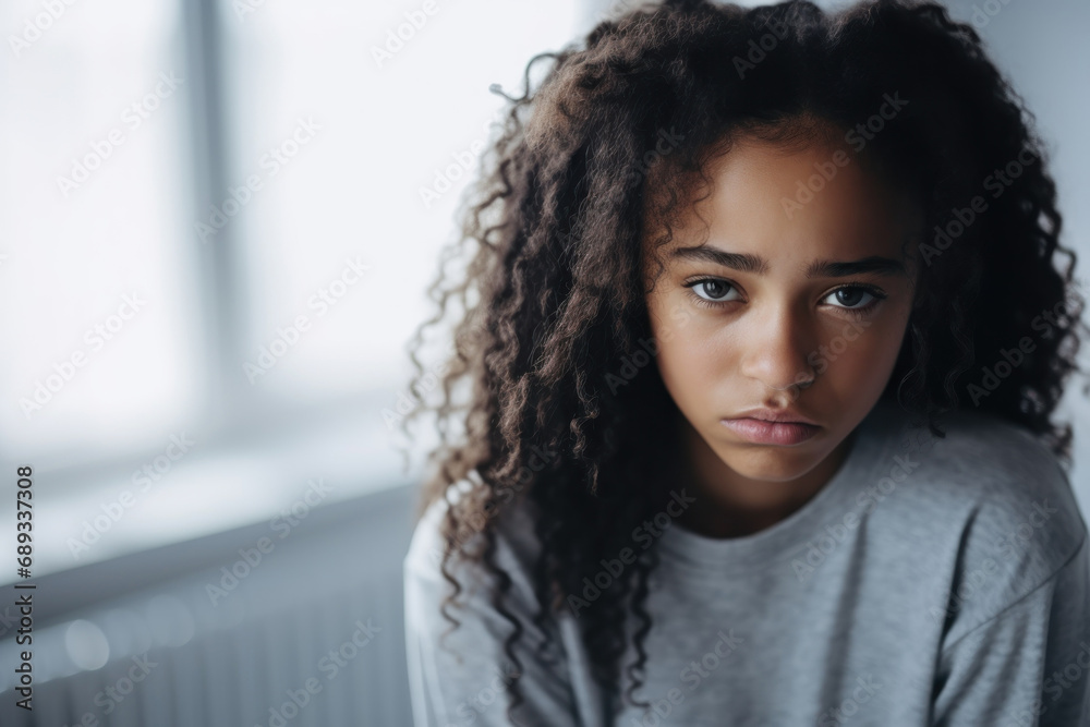 Close up portrait of lonely sad pretty african american teenage girl with curly hair, adolescence problem - obrazy, fototapety, plakaty 