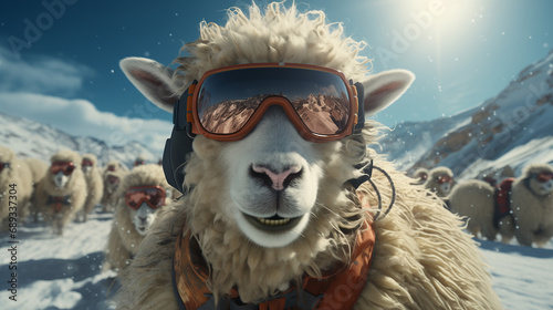 sheep in mountains. Skiing. Jumping skier. Extreme winter sports.