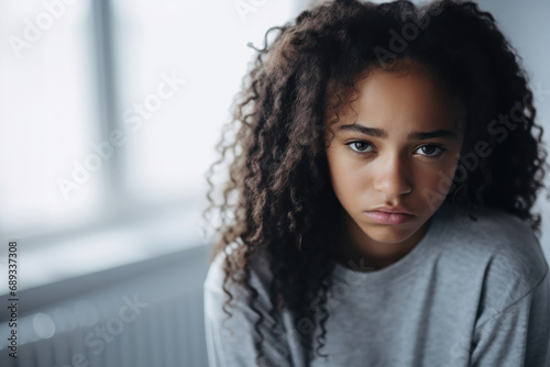 Close up portrait of lonely sad pretty african american teenage girl with curly hair, adolescence problem