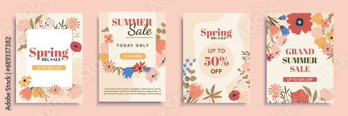 Spring and summer sales cover brochure set in flat design. Poster templates with discount promotions and special offer cards with abstract flowers and wildflowers, leaves on twigs. Vector illustration