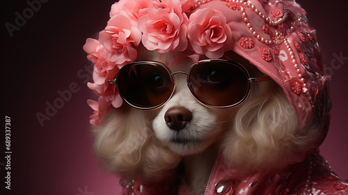 Cute white lapdog with a bow and glasses on a pink background photo