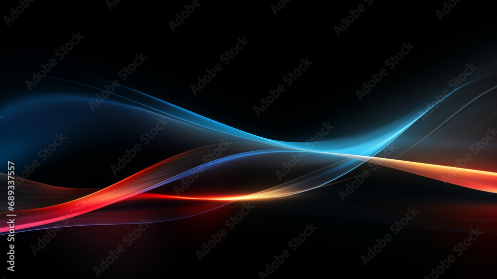 Fototapeta premium stromlinenförmige verlaufende abstrakte Licht Wellen in den Farben blau, cyan, rot und orange auf schwarzem Hintergrund. Querformat 16:9. Generative Ai