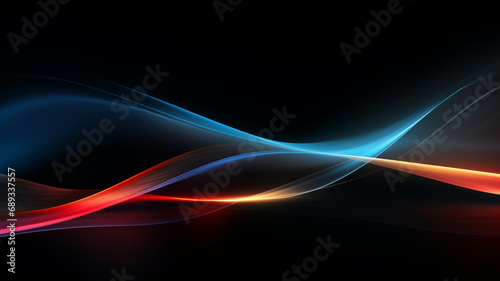 stromlinenförmige verlaufende abstrakte Licht Wellen in den Farben blau, cyan, rot und orange auf schwarzem Hintergrund. Querformat 16:9. Generative Ai