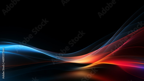 stromlinenförmige verlaufende abstrakte Licht Wellen in den Farben blau, cyan, rot und orange auf schwarzem Hintergrund. Querformat 16:9. Generative Ai photo