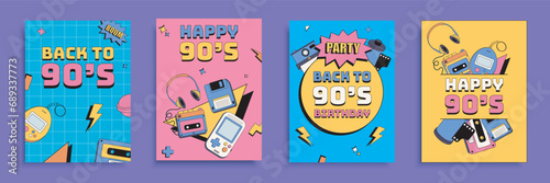 Back to 90s party cover brochure set in flat design. Poster templates with happy nineties symbols, neo brutalism, gamepad and devices, headphones and other old pop culture signs. Vector illustration