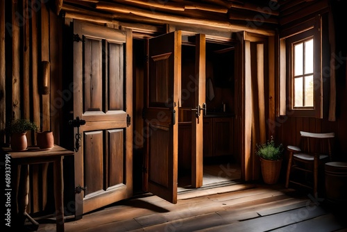  a weathered wooden door of a rustic log cabin slightly ajar   the warm glow of dim sunlight filtering through  casting subtle shadows on the wooden floor