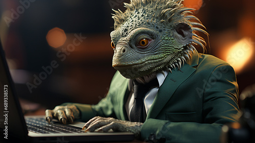 Chameleon wearing business suit.