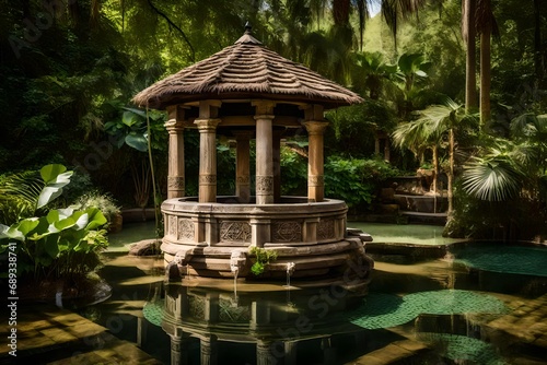 an ancient wishing well adorned with intricate carvings and decorations, crystal-clear water reflecting the surrounding lush greenery photo