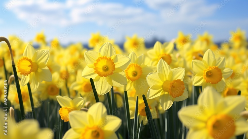 A field of daffodils swaying in the wind, creating a sea of yellow.