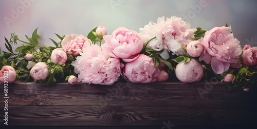Fresh bunch of pink peonies and roses on wooden rustic background. Card Concept, pastel colors, close up image, copy space
