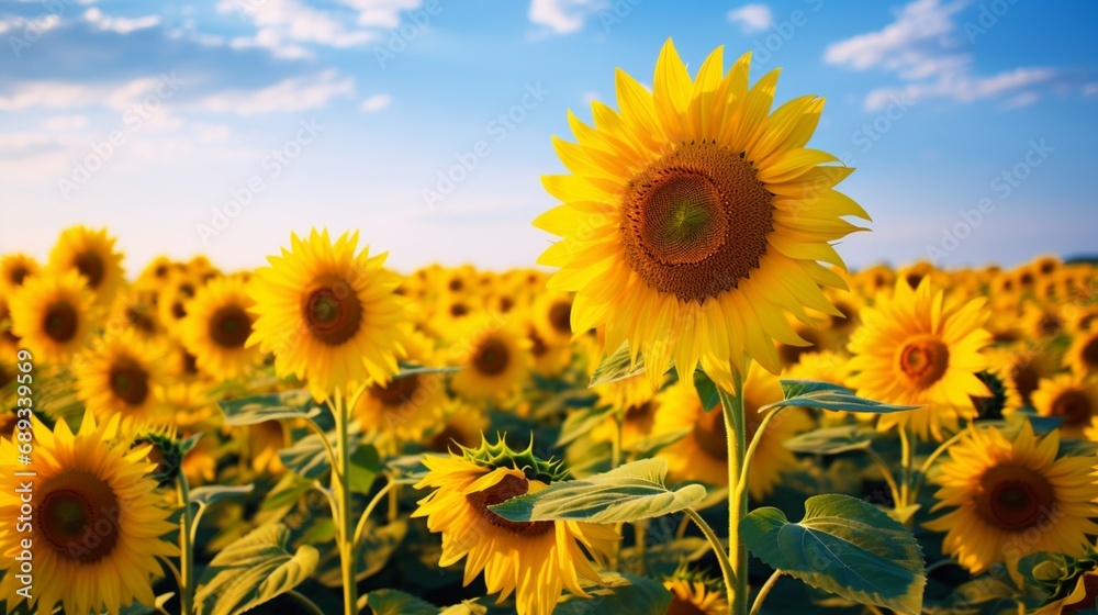 A field of sunflowers swaying in the wind, their vibrant yellow petals shining in the sunlight.