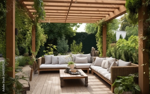 Green garden outdoor patio with wooden pergola and comfortable seating © piai