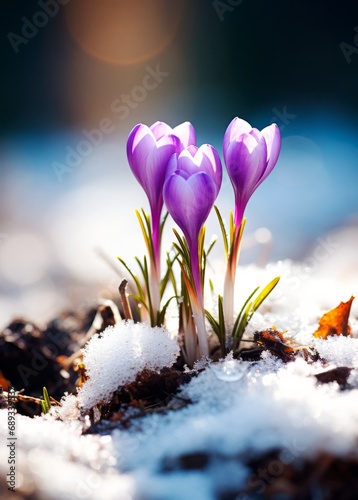 Bunch of the first spring flowers - purple crocuses on the snow. Spring time concept.