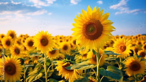 A field of sunflowers swaying in the wind  their vibrant yellow petals shining in the sunlight.