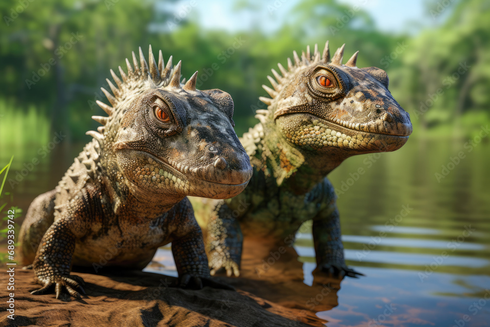 Obraz premium two ancient dinosaur reptiles in the water