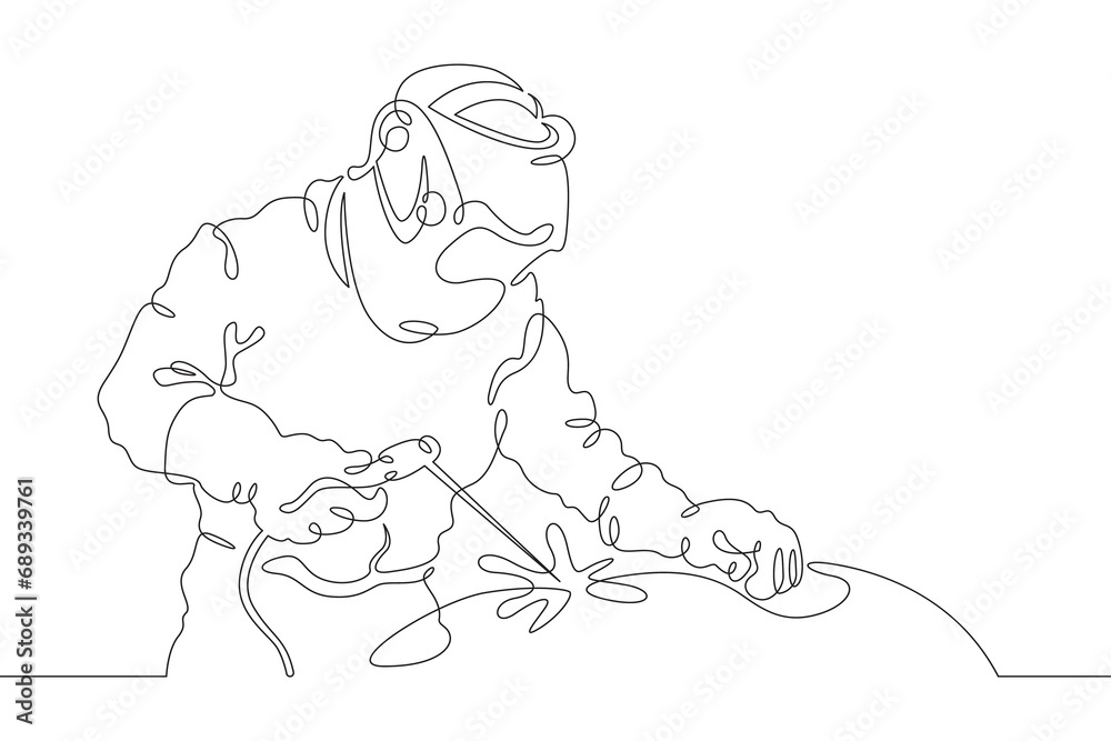 Welder worker. Welding metals at a construction site. Specialist welder in work clothes. One continuous line drawing. Linear. Hand drawn, white background. One line.