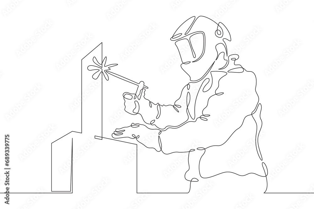 Welder worker. Welding metals at a construction site. Specialist welder in work clothes. One continuous line drawing. Linear. Hand drawn, white background. One line.