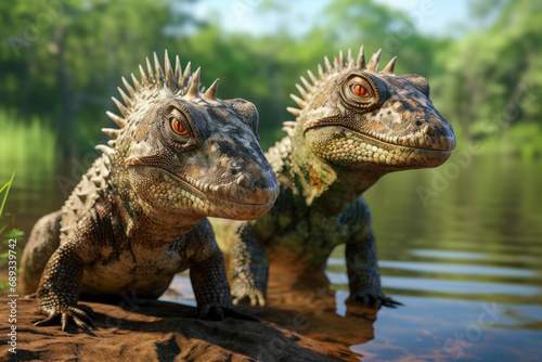 two ancient dinosaur reptiles in the water © mila103