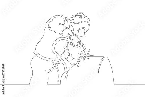 Welder worker. Welding metals at a construction site. Specialist welder in work clothes. One continuous line drawing. Linear. Hand drawn, white background. One line.