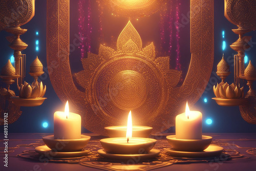 Diwali Holiday greeting card with two burning di ya.