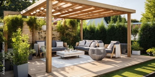Green garden outdoor patio with wooden pergola and comfortable seating photo