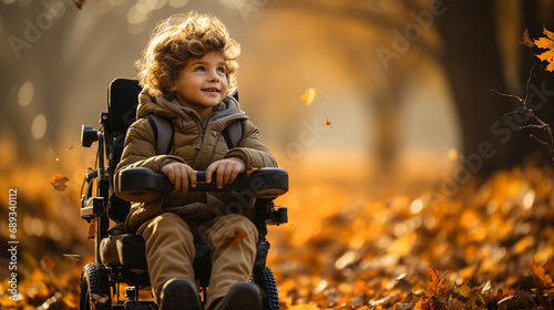 Child in wheelchair in the autumn park.