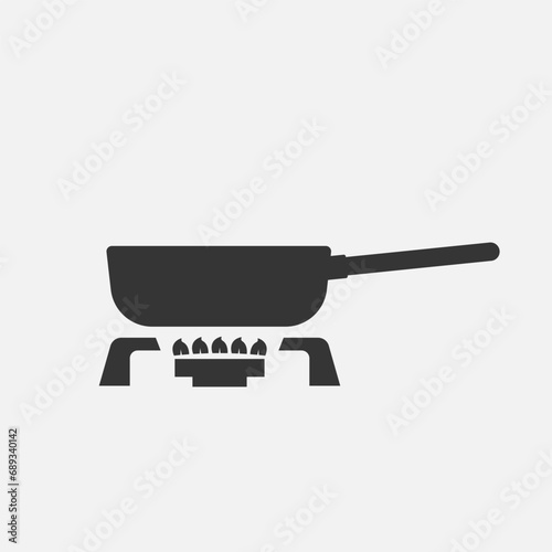 Saucepan on stove black icon. Frying pan, grill. Cooking food, prepare meal concept. Vector