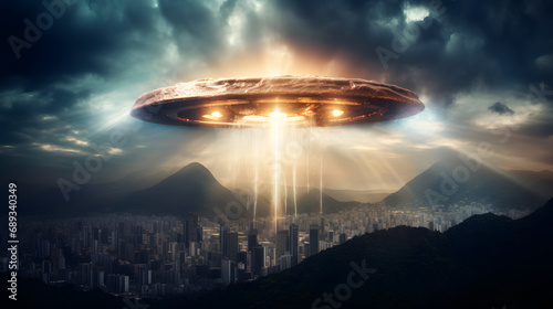 UFO in the sky over the city © Sergyi