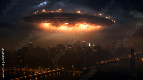 UFO in the night sky over the city