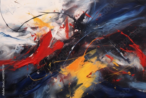Dynamic abstract painting with bold strokes of red and blue, symbolizing conflict and passion.