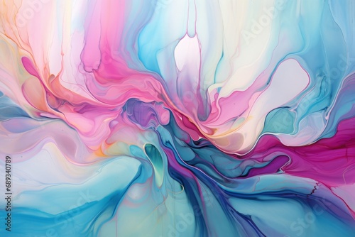 Ethereal abstract fluid art with a harmonious blend of pastel pink and blue tones.