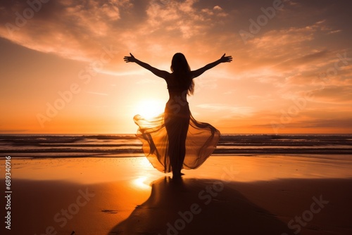 Silhouette of a woman with arms raised on the beach at sunset, expressing freedom.