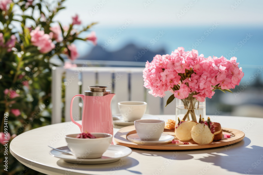 Breakfast on a terrace with blooming flowers and a sea view on a sunny day. Generative AI
