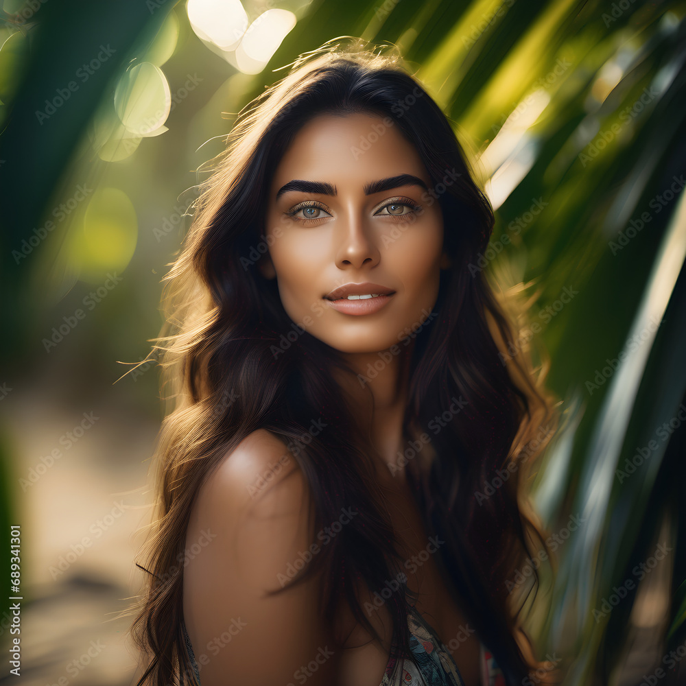 Beautiful woman with long hair and green leaves
